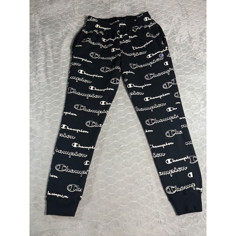 Champion Mens All Over Print Logo Joggers Black White Y2K Vintage Sweatpants L
